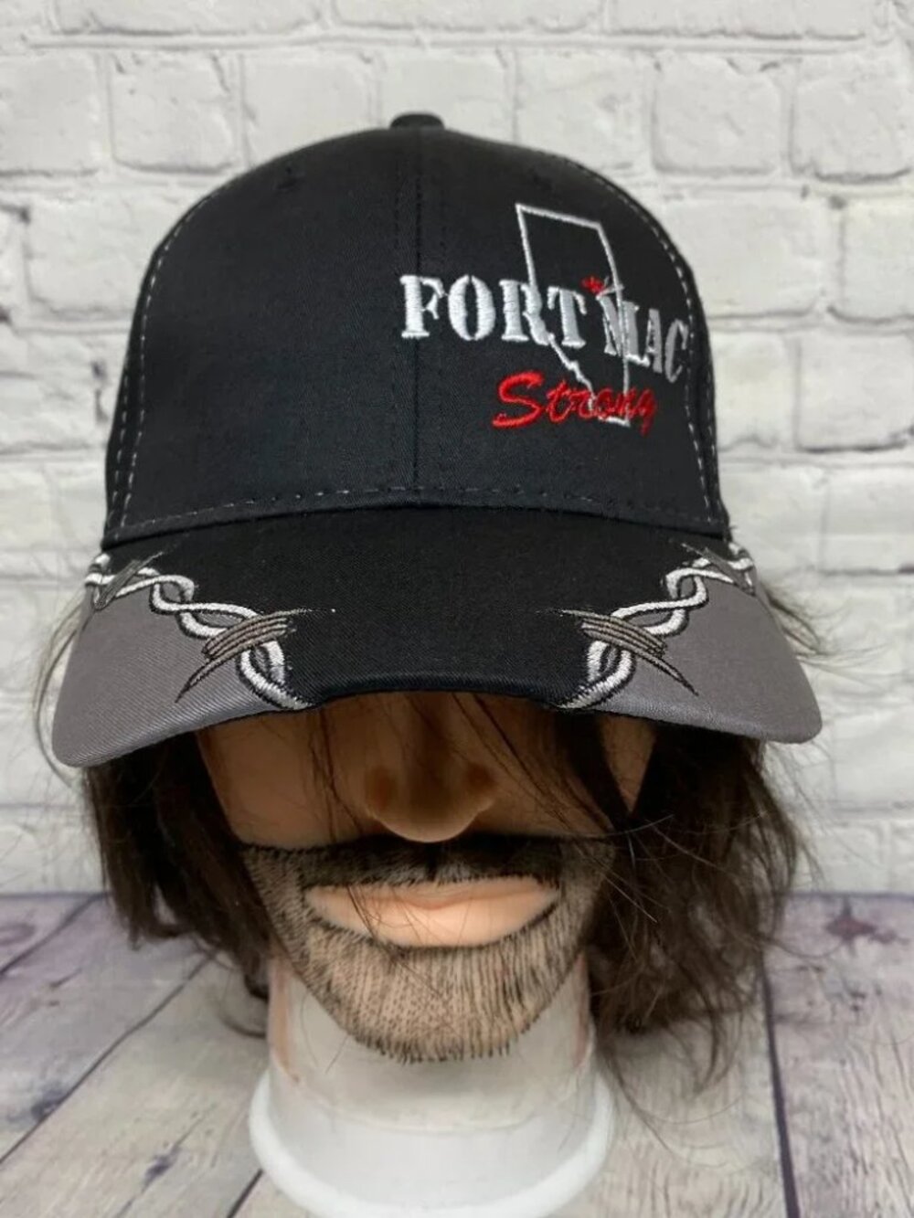 Baseball Hat Cap Strap Back Black Gray Fort Mac Strong Barb Wire Embroidered